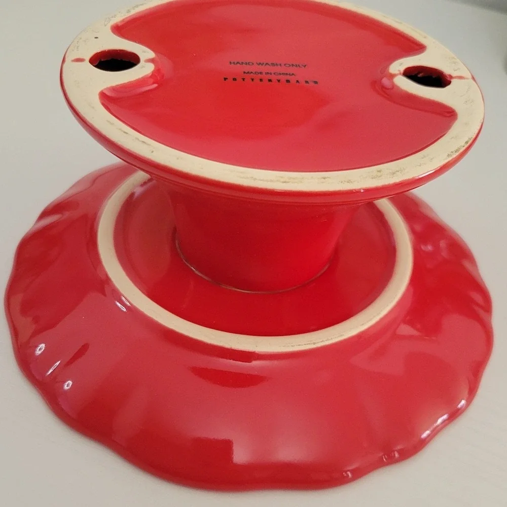 Pottery Barn Red Ceramic Dessert Stand XOXO Love Themed Small Pedestal EUC